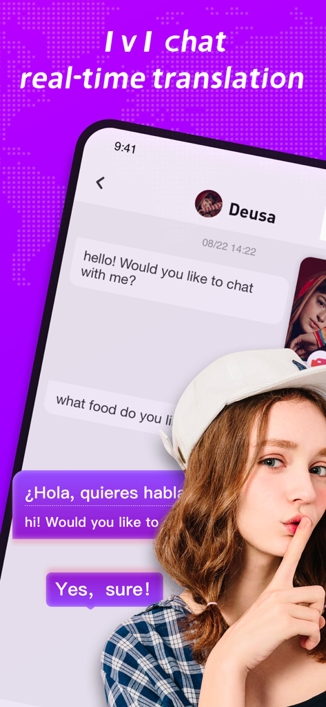 ChatU Live - Oberfläche der ChatU Live App, die einen 1-zu-1-Echtzeit-Übersetzungs-Chat demonstriert