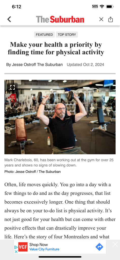 Screenshot of a news article titled Make your health a priority in The Suburban Newspaper app featuring a man working out at the gym.