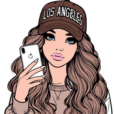 realistic beautiful girl wearing los ángeles cap holding an iphone