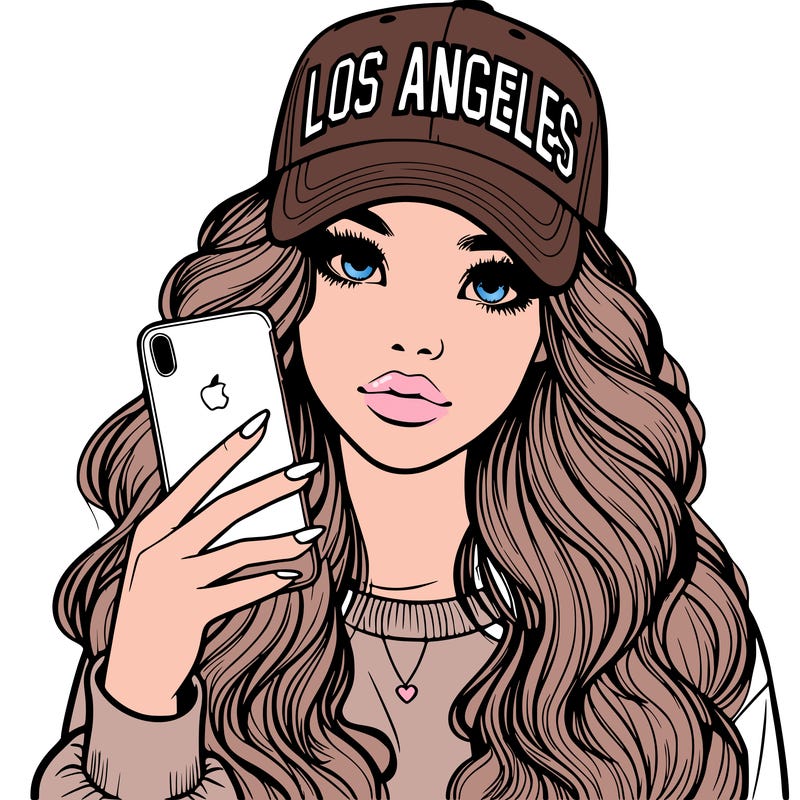 realistic beautiful girl wearing los ángeles cap holding an iphone