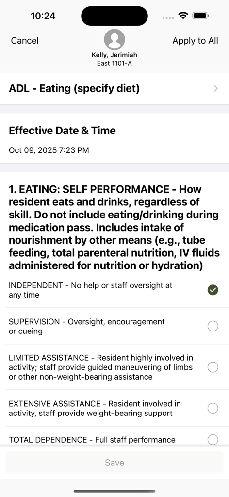 PointClickCare Companion app screen for documenting resident eating performance and nutrition intake