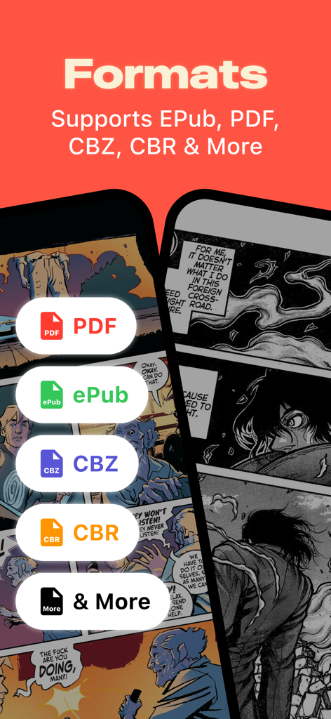Comick: Comic & eBook Reader - Schermata dell'app Comick che mostra il supporto per i formati di file PDF, ePub, CBZ e CBR per la lettura digitale
