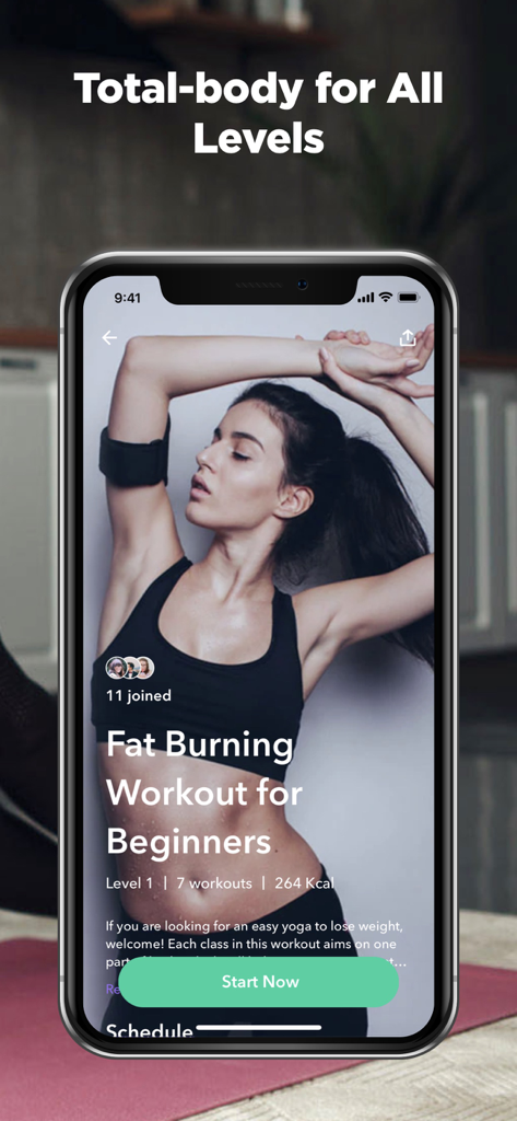 YogaMe｜Yoga for beginners. - Smartphone screen showing a fat burning yoga workout for beginners with a start button on the YogaMe app