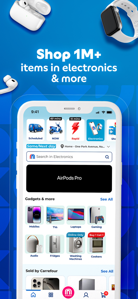 MAF Carrefour app interface showing electronics and home gadgets