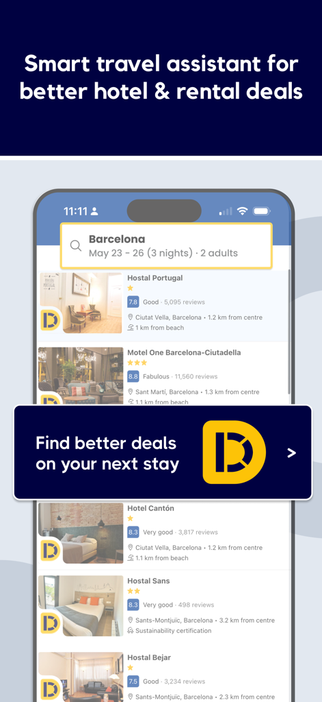 Directo extension - A smartphone screen displaying hotel listings with the Directo extension highlighting direct booking deals