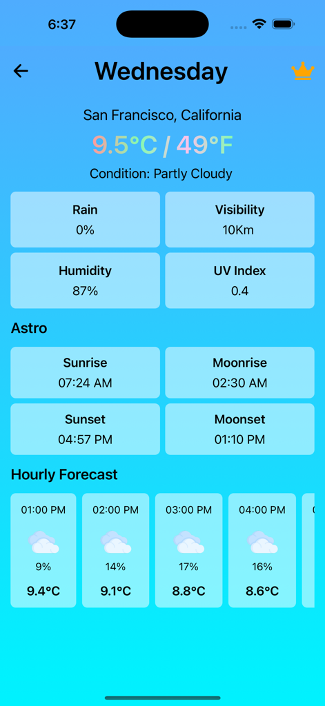 날씨 실시간 일기 예보 앱 인터페이스에 샌프란시스코 날씨와 천문 데이터 표시