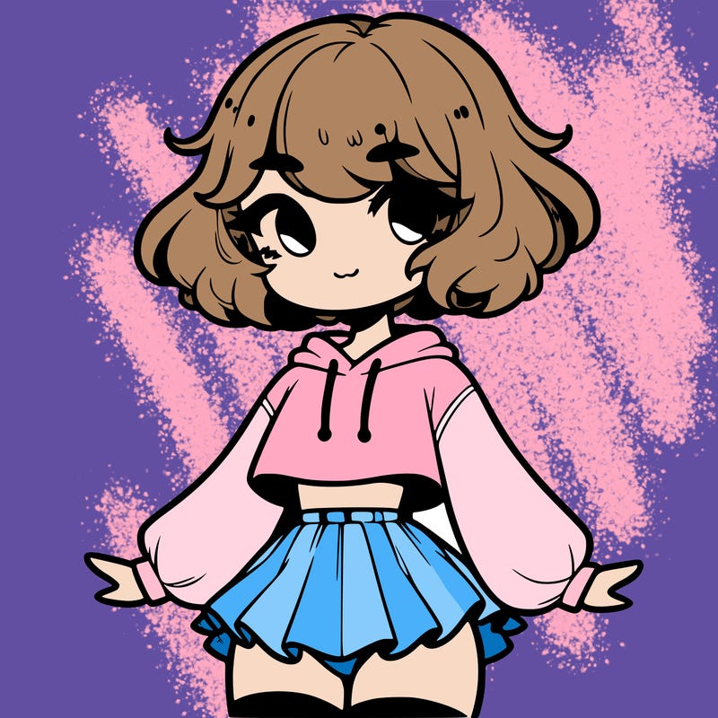 cute femboy with short, fluffy hair that softly frames their face, wearing a cropped hoodie, paired with a flouncy short skirt, and thigh-high stockings