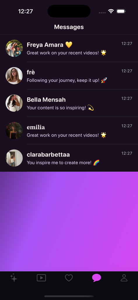 Zynel social media app message interface displaying creator feedback
