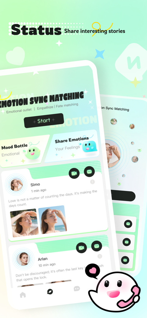 Joiy：Adult，Chat & Social Hub - Interface do aplicativo Joiy mostrando o matching por sincronização de emoções e um feed social com perfis de usuário e garrafas de humor.