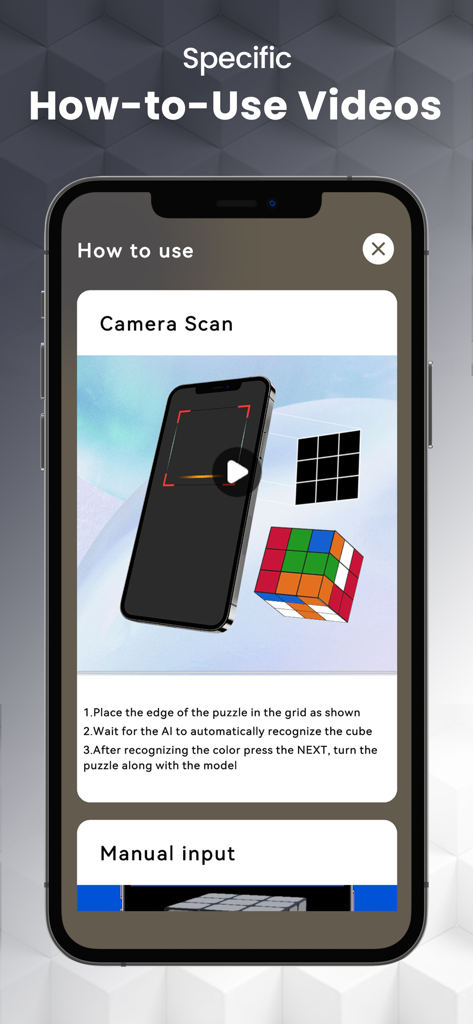 A smartphone screen displaying a how-to-use video tutorial for the camera scan feature in the CubeSolver AI app.