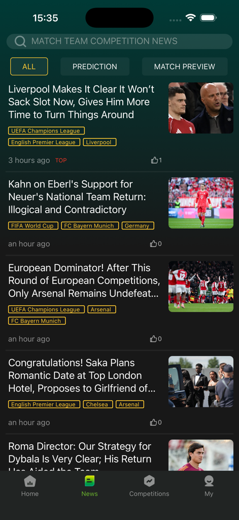Camel Live - Screenshot della sezione notizie nell'app Camel Live con titoli di calcio e anteprime delle partite.