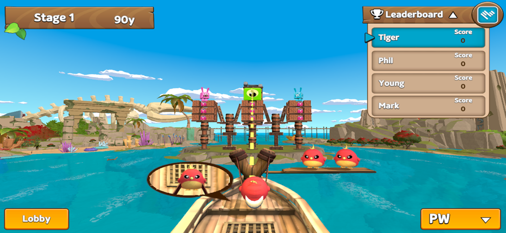 Crazy Birdie - Gameplay of Crazy Birdie featuring a red bird in a slingshot aiming at obstacles on a tropical island with a leaderboard.