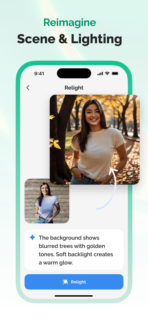 Screenshot of the Tidy Up app showing the AI relight feature transforming a portrait with a golden hour forest background.