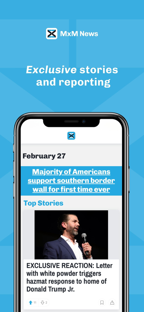 MxM News - 국경 장벽과 도널드 트럼프 주니어에 대한 독점 뉴스 헤드라인을 표시하는 MxM 뉴스 앱