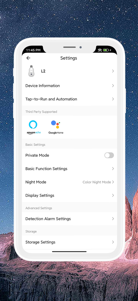 LaView - Settings screen of the LaView app showing camera configuration and smart home integration with Alexa and Google Home