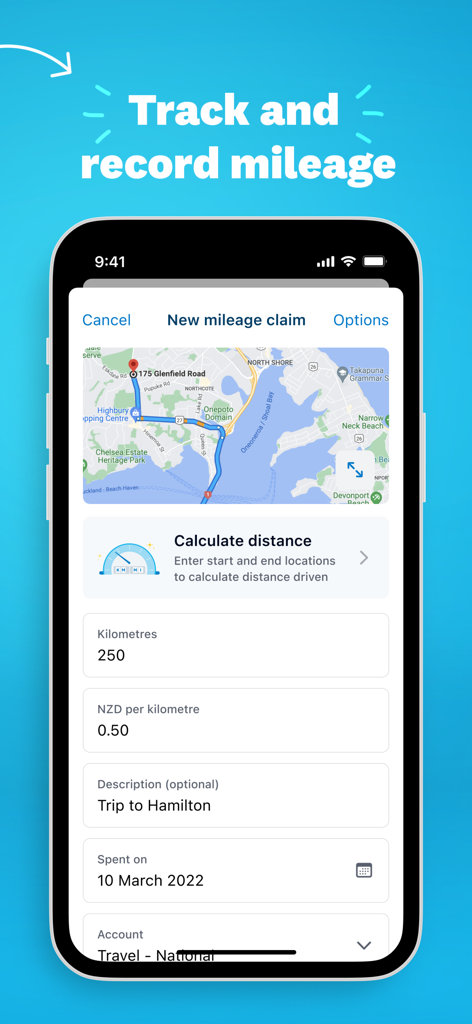 Xero Me app screen for tracking and recording business mileage claims featuring a map and distance calculator.