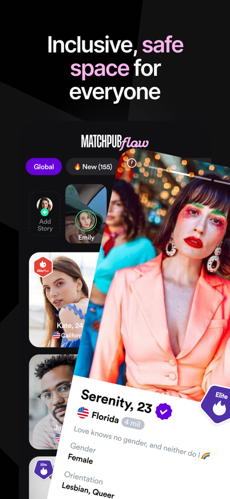 MatchPub: Live 1:1 Video Chat - MatchPubアプリのインターフェース。多様な認証済みプロフィールとインクルーシブなコミュニティ機能を表示しています。