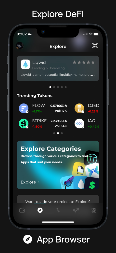 Begin: Bitcoin Cardano Solana - A screenshot of the Begin wallet app's Explore DeFi screen featuring a dApp browser and trending tokens.