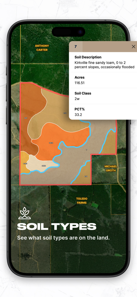 A mobile interface of the Land id app showing a map with color coded soil types and a property data card with soil description and acreage