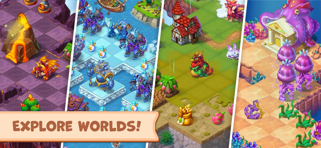 Mergest Kingdom: merge puzzle - Four different magical environments in Mergest Kingdom including volcanic, frozen, forest, and underwater biomes