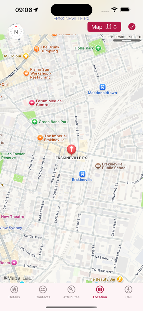 Purveyance - Purveyance app map interface showing client location pin for field sales tracking
