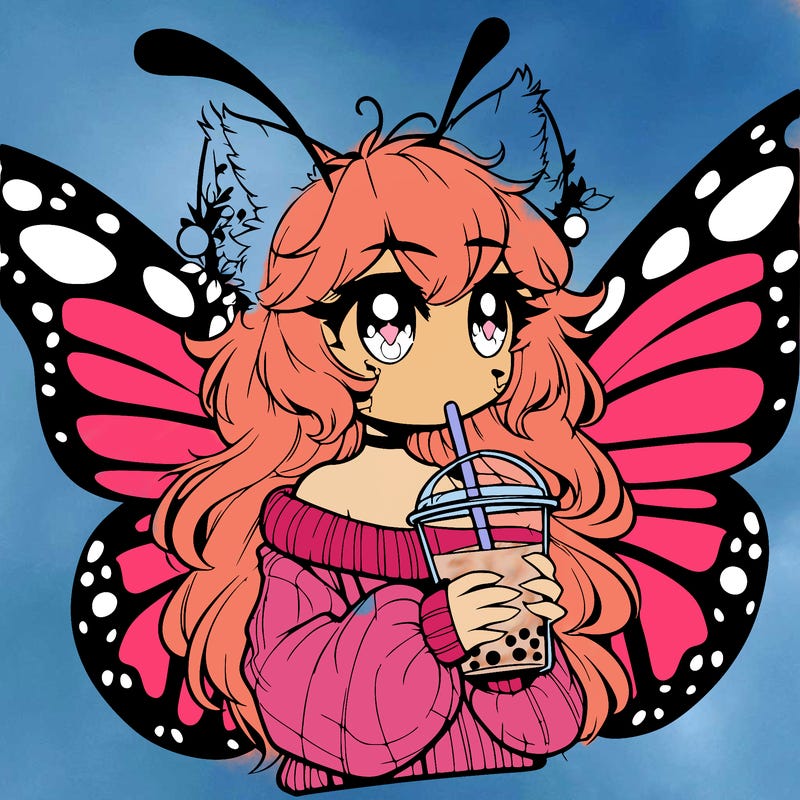 a realistic butterfly/furry girl drinking boba