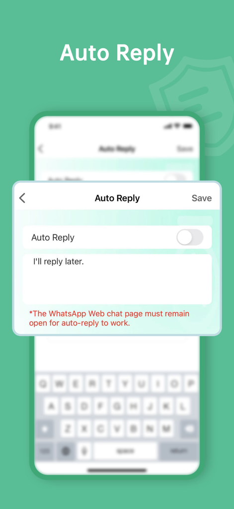 WAMR:Dual Messenger -Whats web - Interface showing the Auto Reply feature settings with a customizable message field for WhatsApp and Messenger