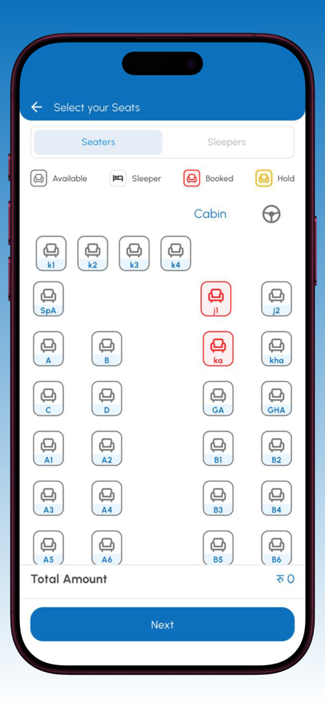 Mero Seat - Mobile app screen showing a bus seat map for selecting available seats in the Mero Seat app