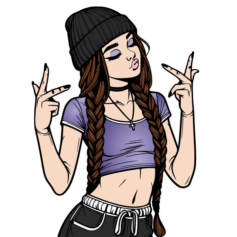realistic teenage girl with braids and a beanie and crop top doing 🫶🏼