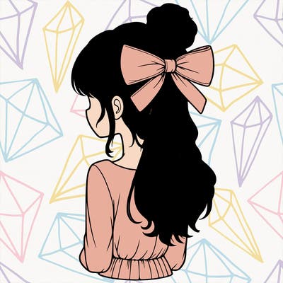 realistic girl  with hip length hair a bun and a big bow on the back of head