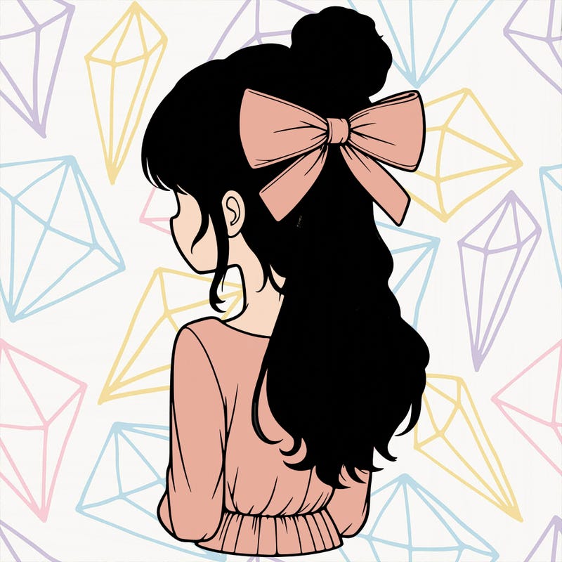 realistic girl  with hip length hair a bun and a big bow on the back of head