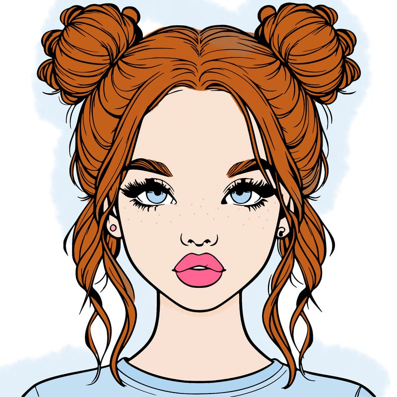 realistic girl with two buns in hair and lips