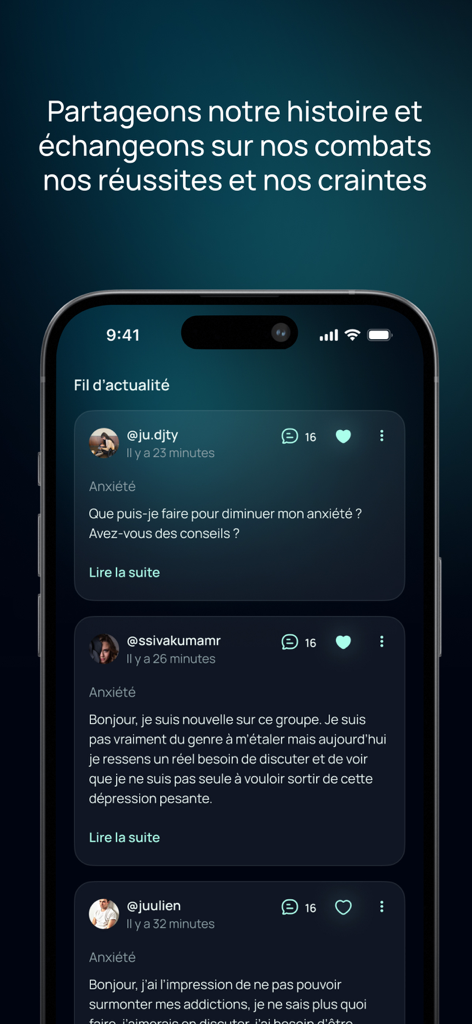 Talkity - Talkity App Newsfeed zeigt Nutzerbeiträge über Angstzustände und Unterstützung für psychische Gesundheit
