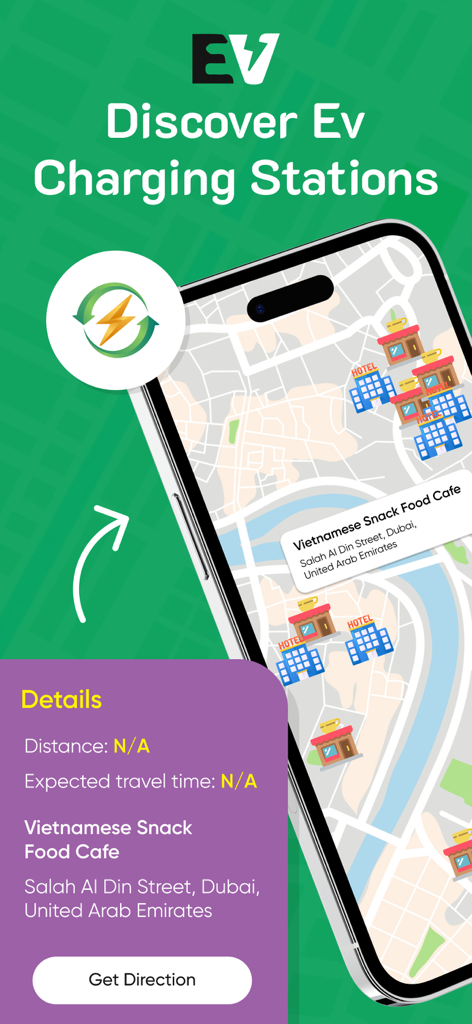 EVMap- Charging Station Finder - Map view of EVMap app showing charging station locations and navigation details.