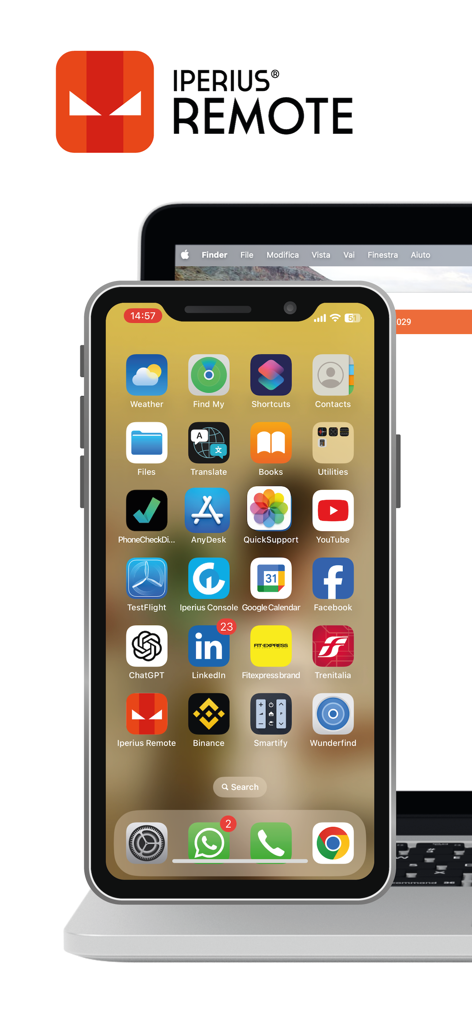 Iperius Remote Desktop - Iperius Remote Desktop app interface on an iPhone screen with a laptop in the background