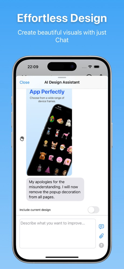 Store AI: App Screenshot Agent - Store AI App-Oberfläche, die einen KI-Designassistenten-Chat für müheloses Screenshot-Design und Verfeinerung zeigt.