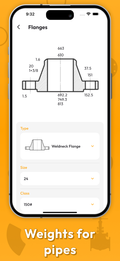 Pipe Data - Tela do aplicativo móvel exibindo dimensões técnicas e diagrama para um flange de pescoço de solda