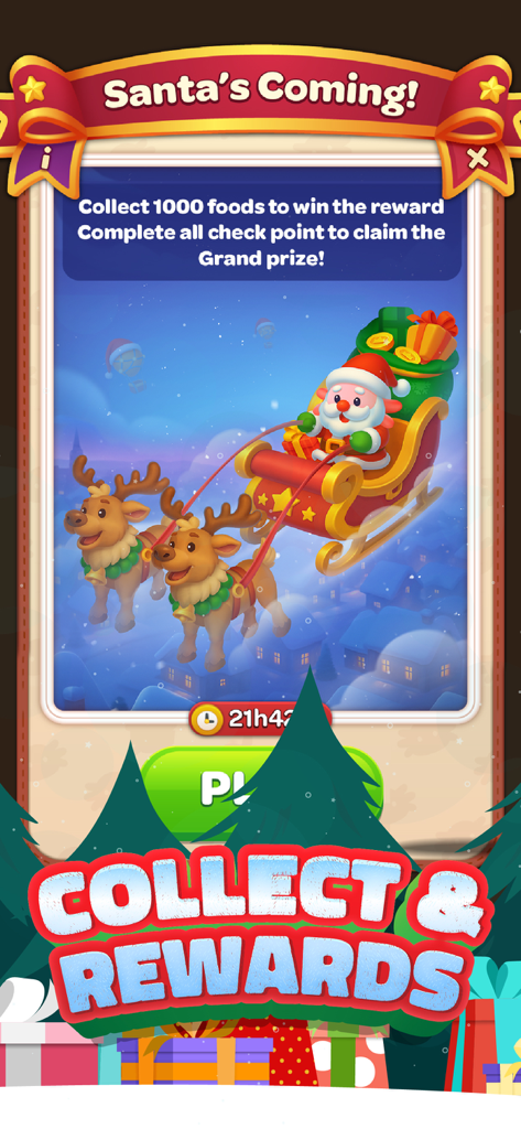Triple Minded: 3D Sorting Game - Christmas event screen for Triple Minded 3D Sorting Game featuring Santa Claus in a sleigh and reindeer with a mission to collect food for rewards