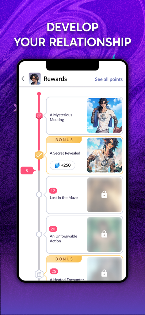 Dorian: Romantasy Games Hub - Interface do aplicativo Dorian mostrando uma linha do tempo de recompensas de relacionamento com marcos de história desbloqueados e bônus de personagem.