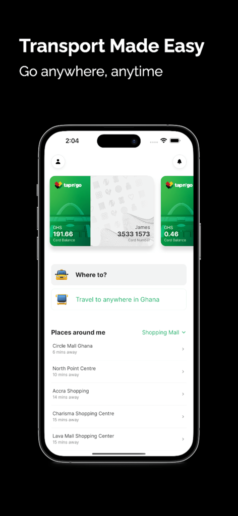 Tap n' Go - Commute in Ghana. - Tap n' Go mobile app home screen showing virtual travel cards and transport options in Ghana