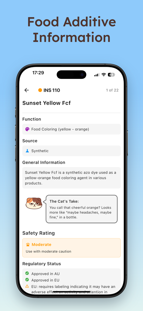 INS Scanner by Miki - Pantalla que muestra información sobre el aditivo alimentario INS 110 con calificaciones de seguridad y comentarios sarcásticos de Miki, el gato.