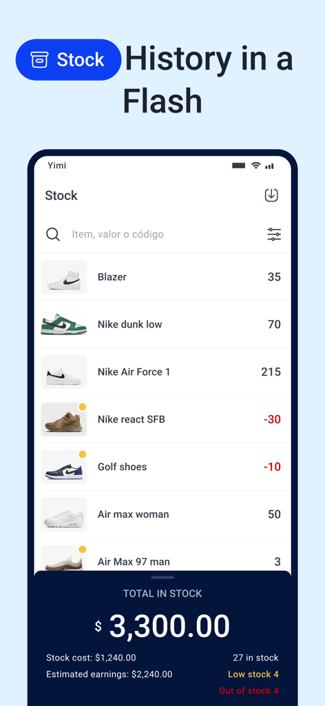 Yimi POS – Sales & Inventory - Yimi POS inventory management interface showing product stock levels and financial summaries for a retail business