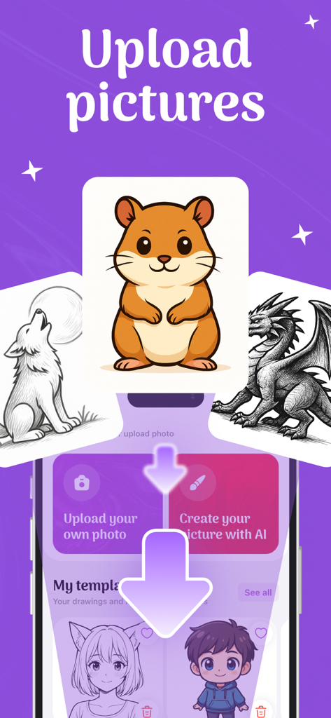 AR Drawing Sketch: Draw, Trace - Pantalla de la aplicación que muestra la opción de subir fotos o generar imágenes con IA para calcar con varias plantillas de animales y personajes.