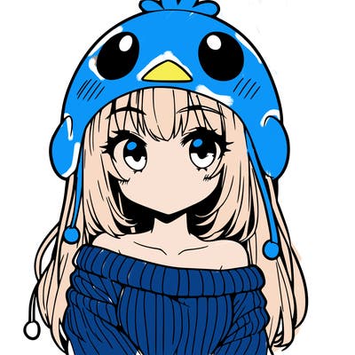 anime girl with chick shaped hat with sweater with bare shoulders with bangs covering them one eye with low tail