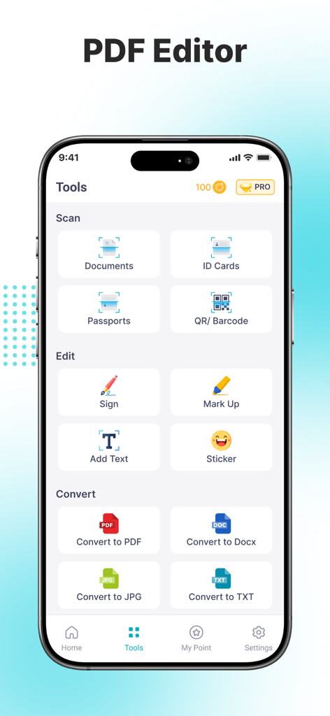 ScanX Pro: Scan PDF, Document - ScanX Pro mobile app tools screen showing scan edit and convert features