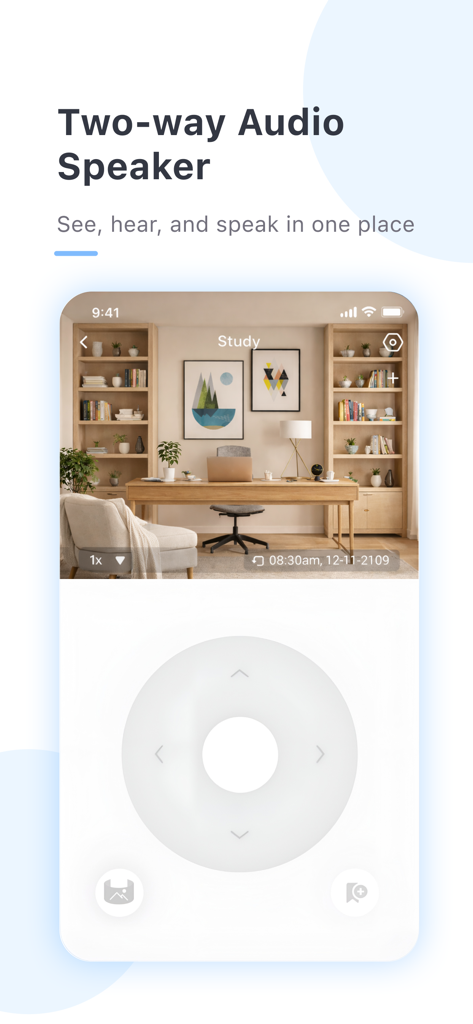 Écran de l'application montrant un flux de caméra en direct d'un bureau à domicile avec audio bidirectionnel et commandes de navigation directionnelle.