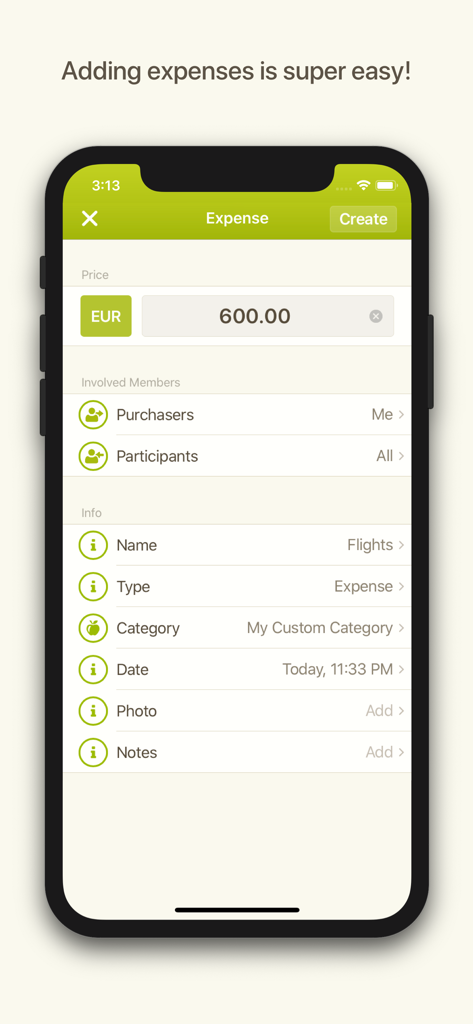 Interface of Splittr app for adding a new expense with details like price and category.