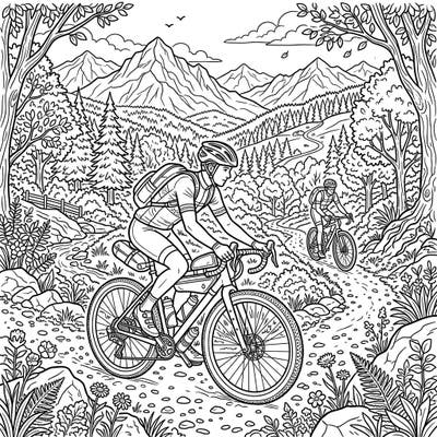 Dive into the thrilling world of gravel biking with this dynamic full-scene coloring page. Featuring two riders navigating scenic mountain trails, it's an exciting challenge for any coloring enthusiast.