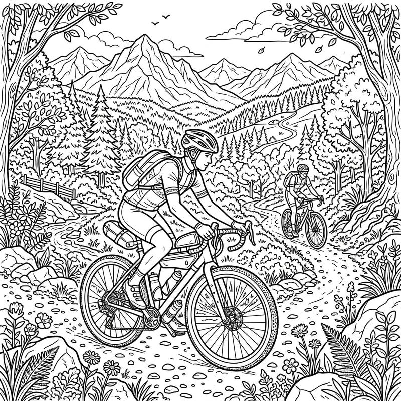 Dive into the thrilling world of gravel biking with this dynamic full-scene coloring page. Featuring two riders navigating scenic mountain trails, it's an exciting challenge for any coloring enthusiast.