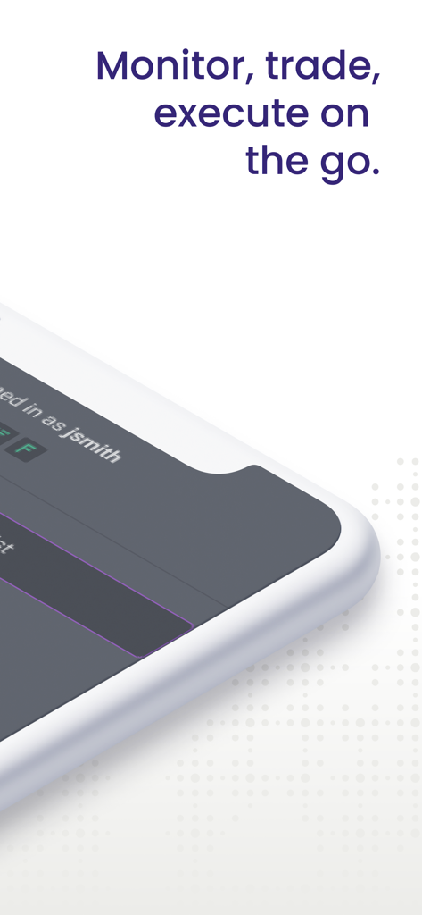 Smartphone displaying the Enfusion Mobile app interface with text about monitoring and executing trades on the go